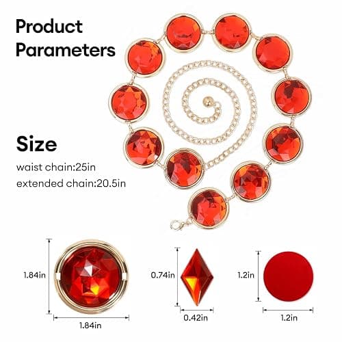 Red Gem Waist Belt - Adjustable Rhinestone Chain Belt for Women, Anime Cosplay Stone Waist Chain Set Halloween Costume Jewelry Props Accessories for Dress Up Party thumbnail 2