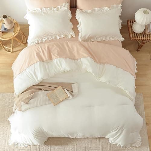 JANZAA Full Comforter Set Creamy White Ruffle Comforter with 2 Pillowcase Soft Full Size Bed Set Vintage Farmhouse Bed Comforter Set Fluffy Shabby Chic Bedding for All Season thumbnail 7