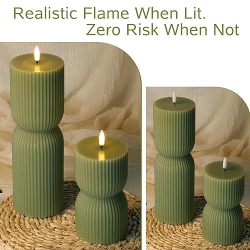 Girimax Olive Green Ribbed Flameless Pillar Candles with Remote, LED Candles Battery Operated Flickering Real Wax Set of 2 thumbnail 5