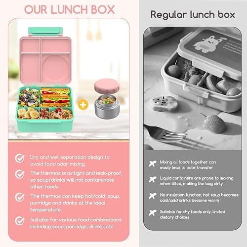 JoyYum Bento Box for Kids - Leak-Proof Bento Lunch Box with Insulated Thermos Food Jar - 4 Compartments, 1 Removable Divider, 1Spoon, 1 Fork - Dishwasher Safe, BPA-Free (Light pink) thumbnail 4