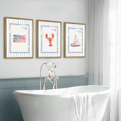 Wood Framed Blue Beach Stamp Set of 3 Canvas Poster Coastal Granddaughter Room Wall Art Decor Vintage Preppy Aesthetic Prints Artwork for Girly Dorm Apartment Ocean Home Decoration 12x16 Inch thumbnail 8