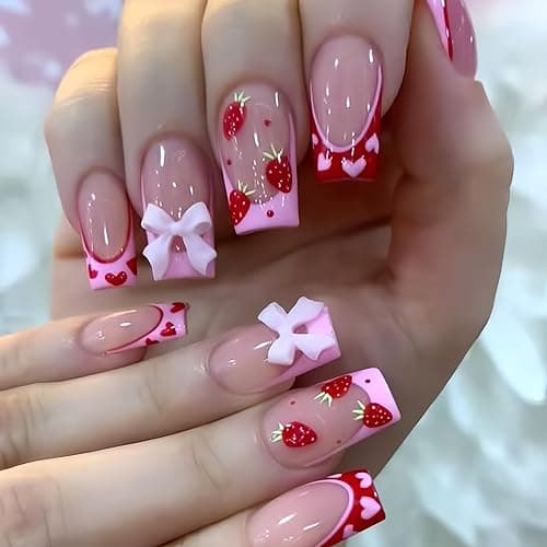 24Pcs Strawberry French Tips Press on Nails Medium Square with Bow-knot Rhinestones Design Strawberry Acrylic Coffin Reusable Fake Nails for Women Girls Fingernails Decoration - Image 1