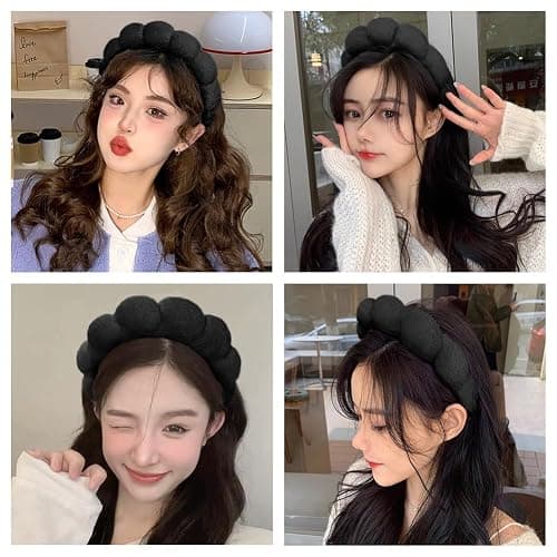 AOENJIE Spa Headbands for Washing Face or Makeup, Sponge Bubble Skincare Headbands, Puffy Terry Cloth Hairband for Women, Skin Care Makeup Headwear Hair Accessories for Girls(Black) thumbnail 5