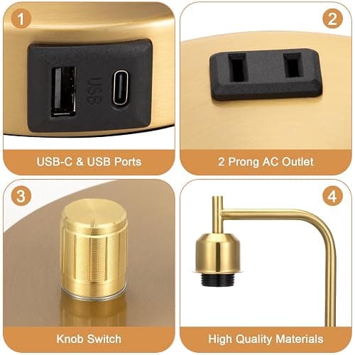 Innqoo Gold Lamp for Bedroom - Industrial Bedside Table Lamp with USB Port and Outlet, Fully Dimmable Nightstand Lamp with Opal Glass Shade, Small Desk Lamps for Home Office thumbnail 4
