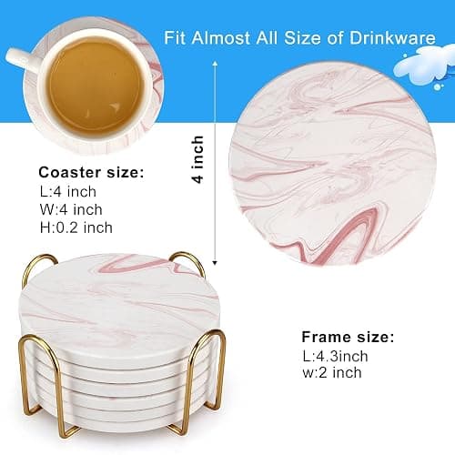 Cute Pink Marble Coasters for Desk Coffee Bar Table Kitchen Decor Set of 6 | Absorbent Ceramic Cup Coaster with Holder Pretty Stone Coster Drink Funny Aesthetic Girly Living Room Decor Quartz Coasters thumbnail 7