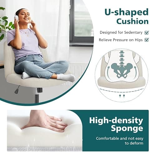 OLIXIS Criss Cross Chair with Wheels Wide Cross Legged Office Desk Vanity Chair Comfy Fabric Armless Adjustable Swivel for Home Computer Task Fabric Beige thumbnail 7