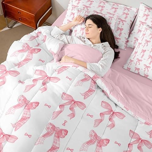 Erosebridal 7 Piece Bedding Set Full Bowknot Comforter Set with Sheets Coquette Checkered Bow Bed in a Bag Cute Princess Fashion Kawaii for Kids Girls Women thumbnail 5