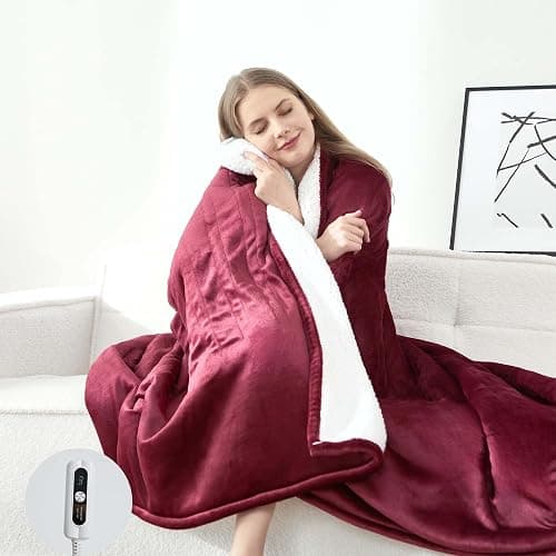 SNUGSUN Electric Heated Blanket Twin Size, Soft and Cozy Thickened Flannel and Sherpa Electric Blanket for Bed, Automatic Safety System 6 Heating Levels & 10 Hours Auto-Off, 62"x84" Garnet - Image 1