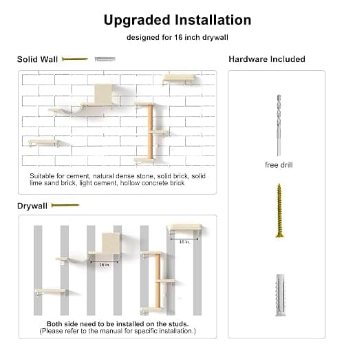 FUKUMARU Cat Wall Shelves, Stable & Safe 4 in 1 Large Cat Walls Furniture Set, Wooden Kitten Climbing Wall with Scratching Post for 16 Inch Drywall - Beige thumbnail 8