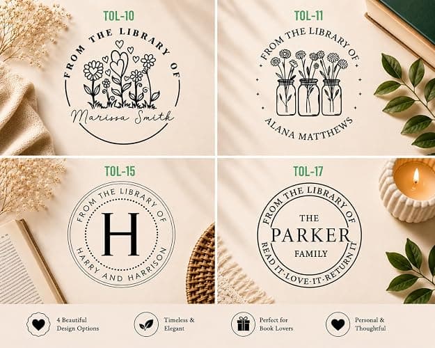 Pickled Stamps from The Library of | Ex Libris | Floral Book Stamp | Personalized Book Embosser | Custom Library Embosser | Self-Inking Wood Handle Floral 2 thumbnail 6