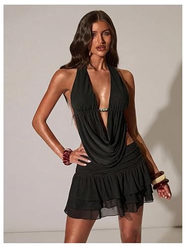 OYOANGLE Women's 2 Piece Set Summer Y2K Going Out Outfits Top Skirt Set | Rave Club Party Wear,Sexy Draped Halter Top and Mini Skirt, Summer Outfits thumbnail 5