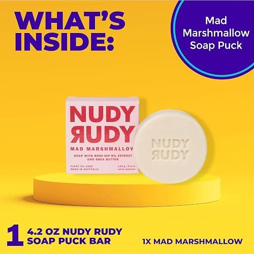 Nudy Rudy Mad Marshmallow Soap Bar Puck, Made with Organic Shea Butter and Rose Hip Oil, Triple Milled Bar, No Harsh Ingredients, All Skin Types, 4.2 oz, Made in Australia thumbnail 4