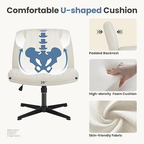 DUMOS Criss Cross Chair No Wheels Wide Cross Legged Office Desk Vanity Chair Comfy Fabric Armless Adjustable Swivel for Home Computer Task (Beige) thumbnail 4