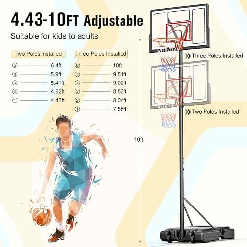 Yohood Basketball Hoop 4.43-10FT Adjustable, Portable Basketball Hoops & Goals for Kids/Teens/Adults w/44 PC Backboard, 18" Standard Basket Rim, All-Weather Stand for Outdoor thumbnail 2