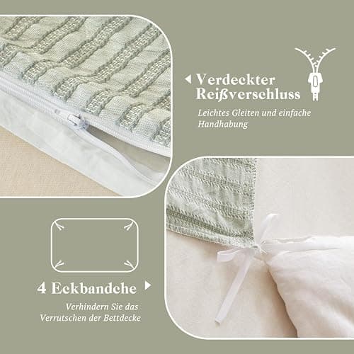 SOULFUL Bettwäsche 200x200 Baumwolle Gestreift, Jacquard Textur Bettwäsche-Set Enthält 1 Bettbezug 200x200 und 2 Kissenbezug 80x80, Bequem und Atmungsaktiv, Öko-Tex 100 Zertifiziert, Salbei Grün thumbnail 4