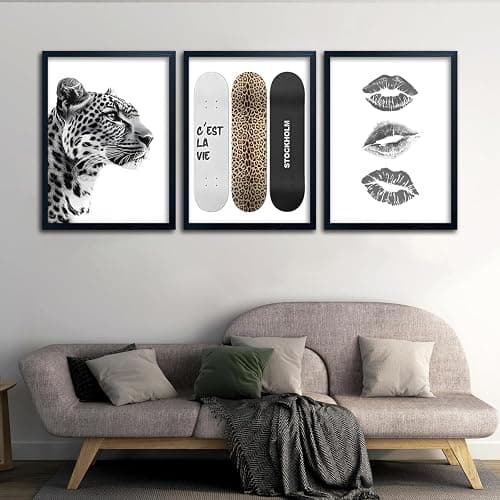 Framed Stockholm Style Canvas Wall Art Set of 3 Black and White Fashion Leopard Print Lips, Preppy Room Aesthetic Cheetah Wall Decor for Girls Bedroom Apartment or Dorm12x16 Inch Black Wood Frame thumbnail 4