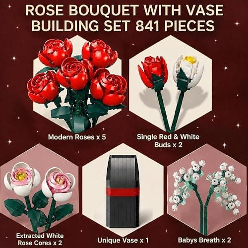 MONOFUN Flower Bouquet Building Set with Vase, 841Pcs DIY Roses Block Kit for Kids Adults, Creative Home Office Decoration, Valentine’s Day Birthday thumbnail 4