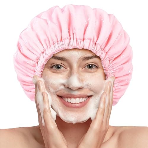 Pink Shower Cap for Women Terry Lined Bath Cap Large Reusable Waterproof Elastic Band Shower Caps for Long Thick Hair Soft Bath Shower Hair Caps thumbnail 7