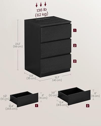 VASAGLE KAILYN Collection - Bedside Tables with Power Strip, Set of 2 Side End Tables with Drawers, 2 AC Outlets, 2 USB Ports, for Living Room, Bedroom, Study, Ebony Black LET831B57 thumbnail 2