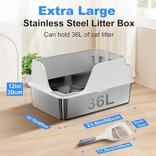 Stainless Steel Cat Litter Box with Lid, XL for Big Cats, High Sided Metal Litter Pan, Anti Leakage,Odor-Free & Easy Cleaning,Included Scoop &Trash Bag*2 & Mat & Sticker (White) thumbnail 2