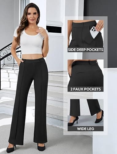 DLOODA Women's Work Dress Pants Wide Leg Business Casual Slacks Stretchy Pull on High Waisted Office Trousers with Pockets thumbnail 2