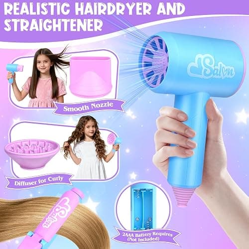 KUBUSFLY Hair Styling Doll Head Toys for Girls, Kids Makeup Hair Salon Pretend Play Styling Kit with Hairdryer, Curling Iron, Beauty Hair Stylist Toy Christmas Birthday Gift for Toddler Girls 3 4 5 6+ thumbnail 3