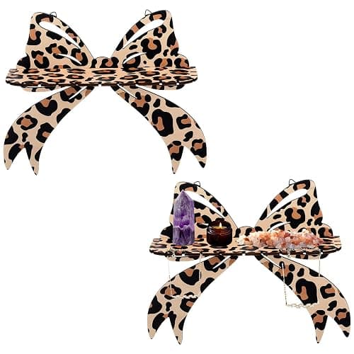 Pinkunn 2 Pcs Leopard Bow Wall Shelves Brown Cheetah Floating Crystal Display Rack with Screws Wooden Decorative Shelves Wall Mount Rustic Home Decor for Crystals Stone Sundries Storage - Image 1