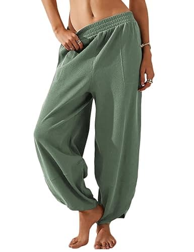 Himosyber Women Cotton Pants Wide Leg Pants Casual Loose Drawstring Low Waist Beach Palazzo Harem Pants - Small - Green - Image 1