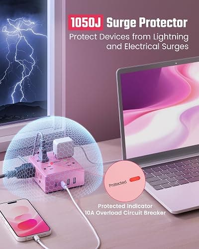 SUPERDANNY Pink Extension Cord 10Ft, Flat Plug Power Strip Surge Protector | 8 Outlets & 4 USB Ports (2 USB C), Cute Pink Stuff Room Decor, Home Office Kawaii Pink Cute Desk Accessories for Girls thumbnail 6