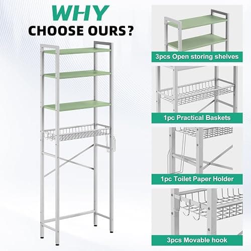 Kalrin Over-The-Toilet Storage Rack, 4-Tier Bathroom Organizer Shelf Over Toilet with Adjustable Shelf and Basket, Freestanding Space Saver Bathroom Shelves Above Toilet for Room (Avocado Green) thumbnail 6