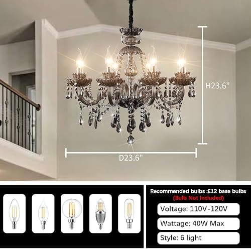 Luxurious Smoky Gray Crystal Chandelier for Living Room, Antique 6-Lights Teardrop Candle Chandelier Pendant Ceiling Lighting Fixture for Kitchen Dinner Party Closet Entryway of CRYSTOP thumbnail 6