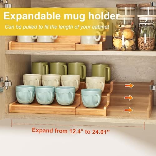 Hongtamoya 3-Tier Expandable Bamboo Mug Holder For Countertop Coffee Cup Holder Display Mug Organizer Mug Rack for Coffee Bar Organizer Mug Shelf for Cabinet for Kitchen, Home thumbnail 4