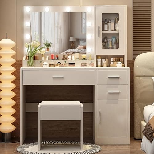 ENDYOE Makeup Vanity Desk Set with LED Lights Mirror Chair, Vanity Table with 7 Storage Shelves and 3 Drawers,3 Lighting Modes Adjustable Brightness Dressing Table for Bedroom,White thumbnail 7