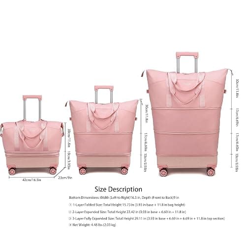 Rolling Duffle Bag with Wheels and Handle, Expandable Foldable Carry On Luggage with Removable Wheels, Personal Item Travel Bag, Lightweight Duffel Tote for Gym Hospital Weekender (Blush Pink) thumbnail 3