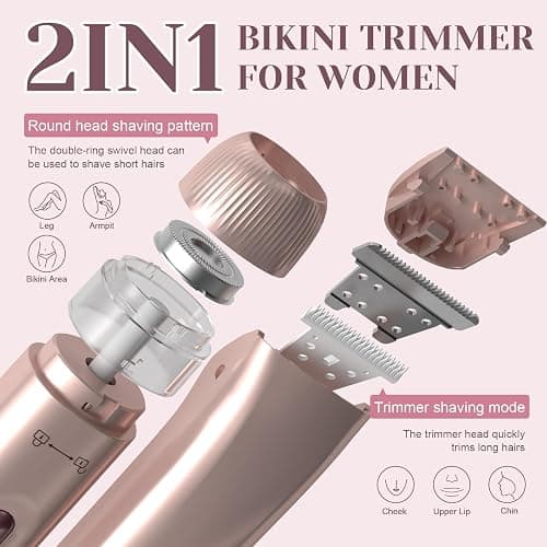 Bikini Trimmer for Women - 2025 New 2-in-1 Dual-Head Electric Shaver，Rechargeable Professional Painless Electric Razors, IPX7 Waterproof Body Hair Trimmer & Facial Hair Remover for Wet & Dry thumbnail 2
