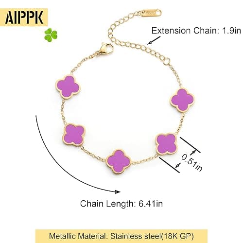 AIPPK 18K Gold Plated Clover Lucky Bracelet for Women White/Black/Red/Green Flower Four Leaf Link Bracelets Trendy Jewelry Gifts for Women thumbnail 2