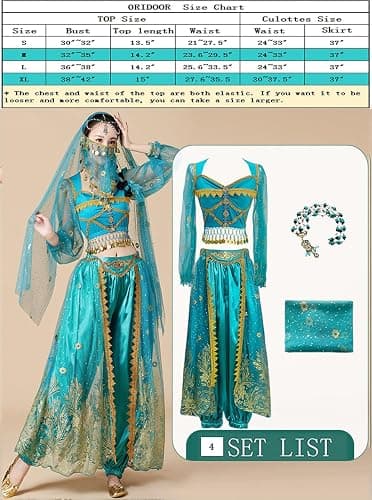 ORIDOOR Women's New Aladdin Jasmine Princess Belly Dance Halloween Costume Set Belly Dance for Dress Up Party 5 Piece Outfit thumbnail 5
