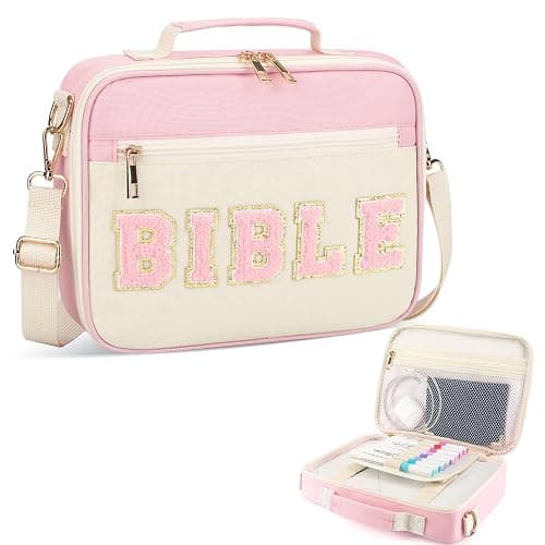 Bible Cover Case for Women Grils, Preppy Bible Bag with Adjustable Shoulder Strap, Waterproof Bible Carrying Tote Bags Holder for Bible Study Supplies Accessories & Christian Gifts (Light Pink) - Image 1