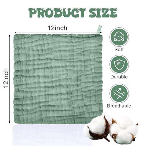 Breling 20 Pcs Baby Muslin Washcloth 12x12 in, White, Khaki, Dark Green | 100% Cotton,Soft and Absorbent Burp Cloth, Wipe Newborn Face Body Towel, for Baby Boy Girl Sensitive Skin thumbnail 2