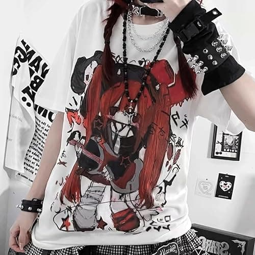 RILGOU Kawaii Goth Fashion Harajuku Y2K Casual Style Soft Crewneck Cute Cartoon Print Red Hair Guitar Girl T-Shirt thumbnail 2