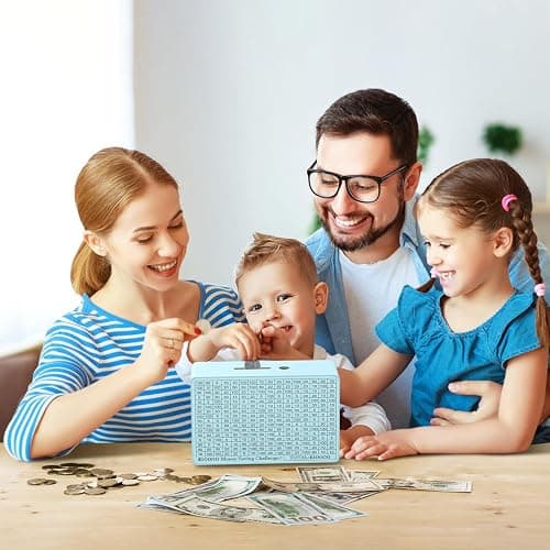 Wooden Money Saving Box, Cash Vault Savings Box for $10000 $5000 $3000 $1000 $800 $500 Target Money Saving Challenge, Reusable Money Box with Counter, Dry Erase Pen/Savings Trackers/Rubber Band-Blue thumbnail 9