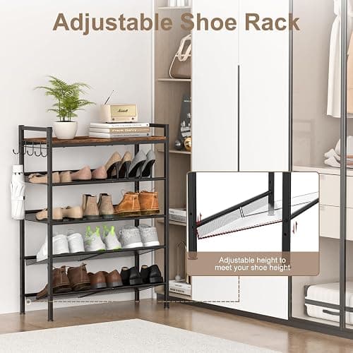 Refrze Shoe Rack for Front Door Entrance, 4 Tier Height-Adjustable Metal Shoe Rack, Sturdy Wooden Top and Tiltable Steel Frame Heavy Duty Shoe Organizer for Bathroom,Bedroom,Kitchen，Include Hook thumbnail 3