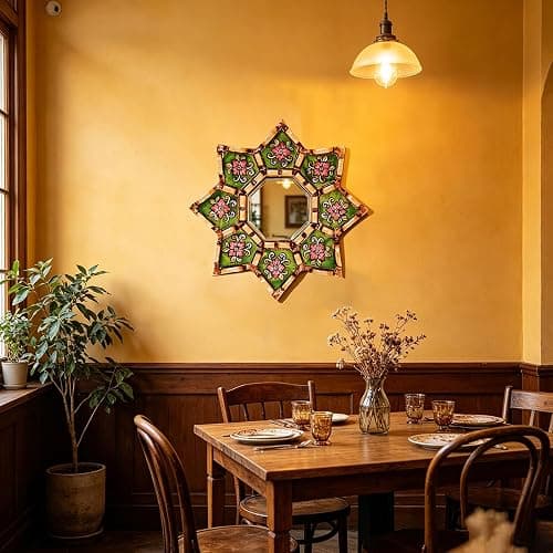 Starburst Decorative Wall Mirror Green Floral Hand-Painted Wooden Frame Shatterproof Acrylic Hanging Mirror Vintage Boho Moroccan Wall Mirror Decor for Living Room Bedroom Entryway Small Accent Mirror thumbnail 2