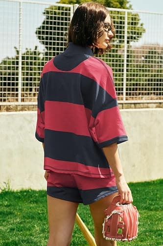 ReachMe Womens Workout Striped Short Sets 2 Piece Outfits Summer Matching Lounge Sets Top and Shorts with Pockets thumbnail 5