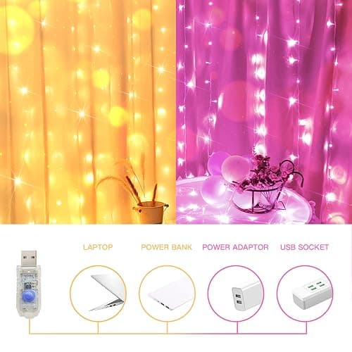 suddus Color Changing Curtain Lights, 200 Led 6.5ft x 6.5ft Hanging String Lights Outdoor, Fairy Curtain Lights for Bedroom, Window, Wall, Wedding, Party, Birthday Decor Warm White & Fuchsia thumbnail 5