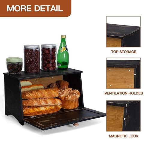 DAOYOUSKY Bamboo Bread Box for Kitchen Countertop, Black Vintage Wooden Counter Breadbox, Single Layer Rustic Wood Large Capacity Bread Storage Container Bin thumbnail 6