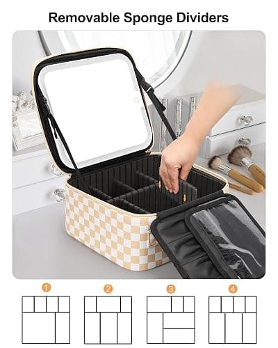 Relavel Travel Makeup Bag With LED Mirror, Cosmetic Train Case with Light up Mirror, Portable Makeup Artist Organizer Bag with Adjustable Dividers, Makeup Brush Holder Storage, Plaid - 01-Plaid - 1-Small thumbnail 3