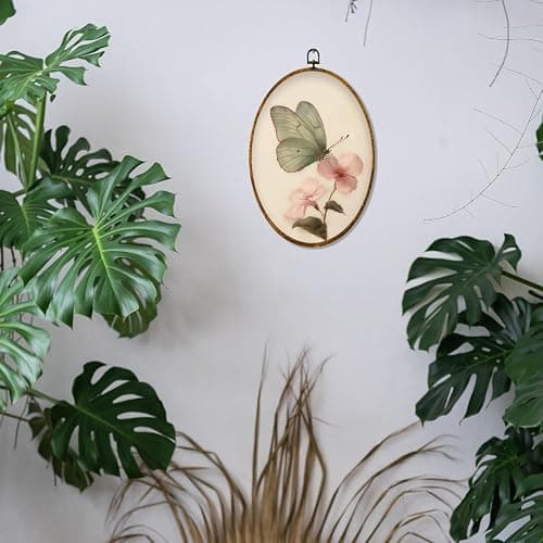 Hiuwevt Green Butterfly Oval Wall Art Decor, Vintage Pink Floral Butterfly Moth Framed Canvas Prints, Retro Cottagrcore Floral Round Wall Hanging Decor for Bedroom Home Decorations, 8.6x11.4 Inches thumbnail 4