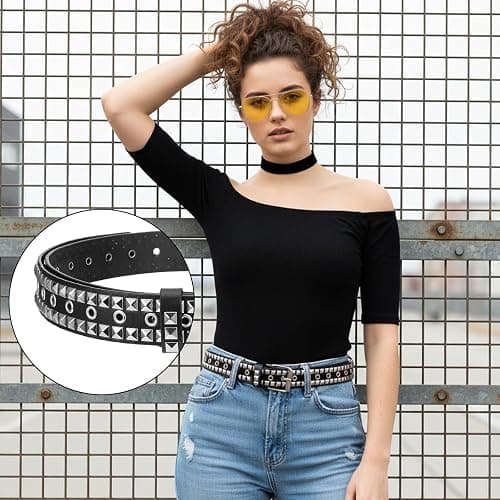 Leooomap 6Pcs Studded Belt Set for Men & Women - Punk Gothic Rivet Faux Leather Belts with Double Grommet, Square Studs, Small & Large Star Designs Adjustable Waist Belt for Jeans Costume Party Gift thumbnail 3