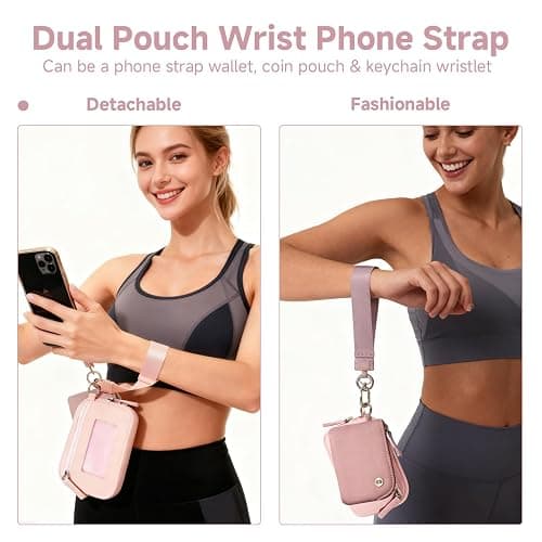 Shanejorin Phone Wrist Strap with Dual Pouch Keychain Wristlet Wallet for Women Small RFID Wallet with ID Window Coin Pouch Card Holder for Travel Dusky Rose thumbnail 2